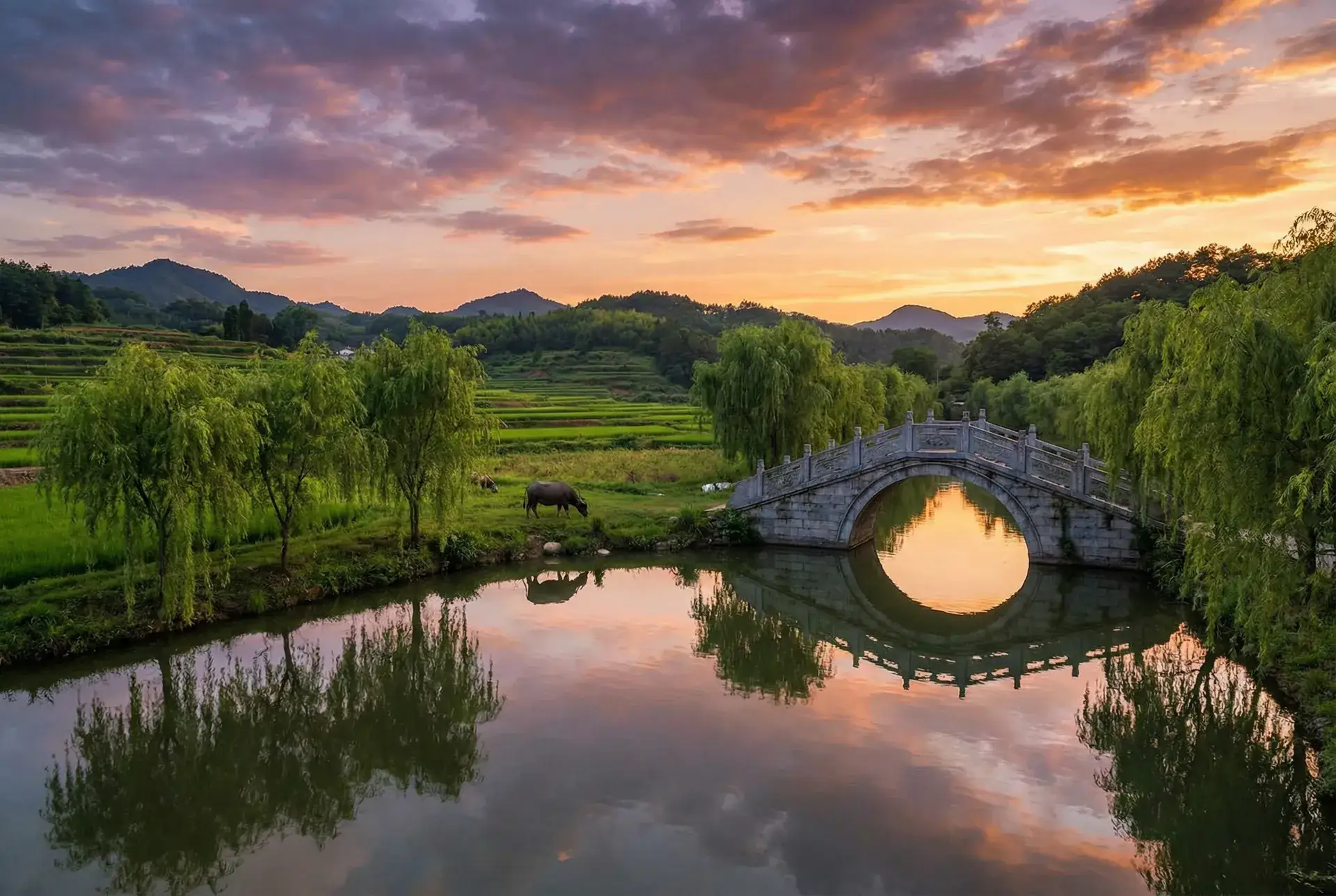 夕阳下的石拱桥与垂柳，水牛在河边吃草 - 1234色 乡村美景